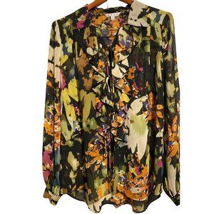Cabi floral kimono cardigan boho tie front ruffles top M flowers
